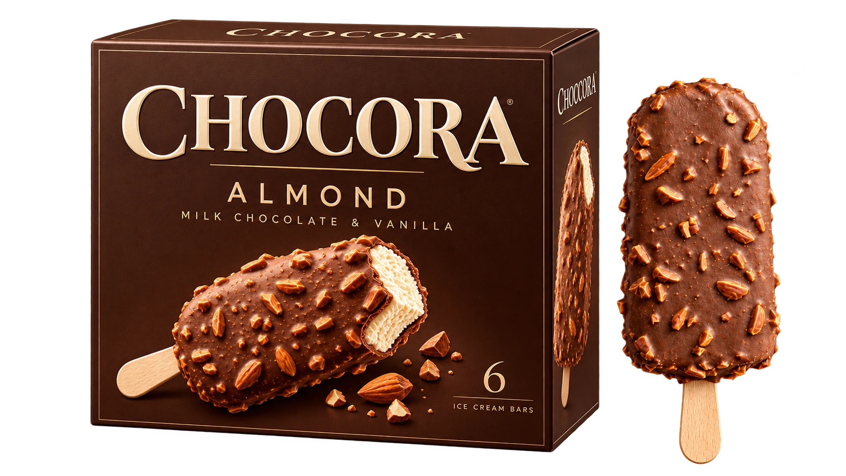 Chocolate-brown CHOCORA Almond six-pack box with cream and gold lettering beside an almond-coated ice cream bar